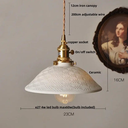 White ceramic pendant light with textured diamond pattern brass hardware and adjustable copper socket for brown wood ceramic decorbites pendant lights