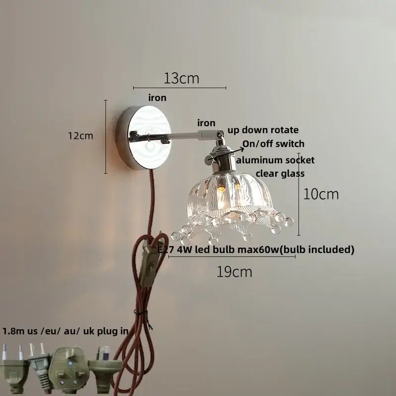 Vintage brushed nickel led wall light with clear glass chandelier sconce and adjustable chrome iron arm for bedroom use