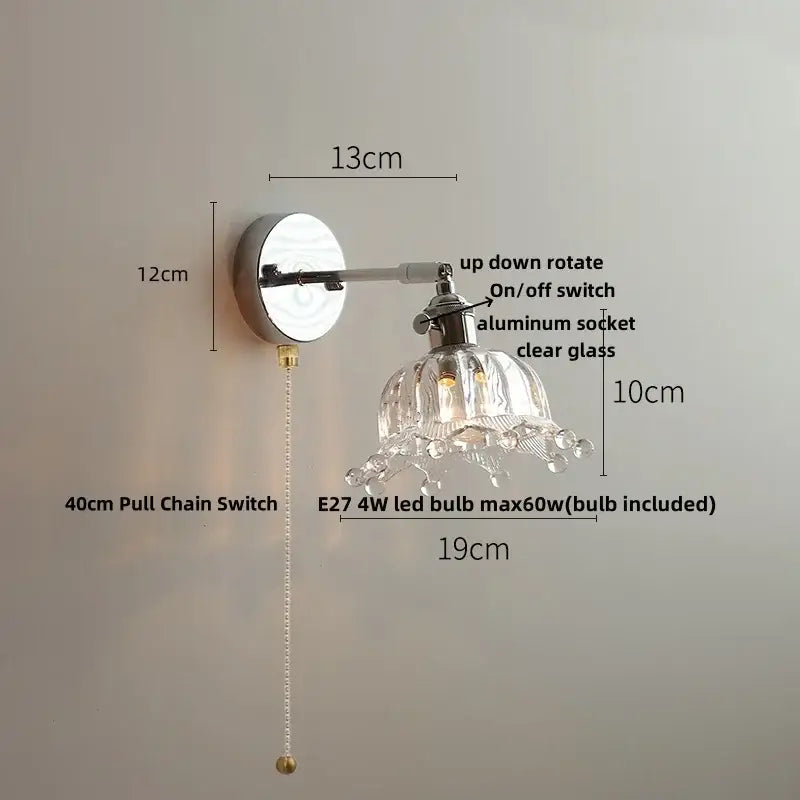 Clear glass chandelier style wall light with polished chrome finish and adjustable arm vintage led wall light bedroom sconce