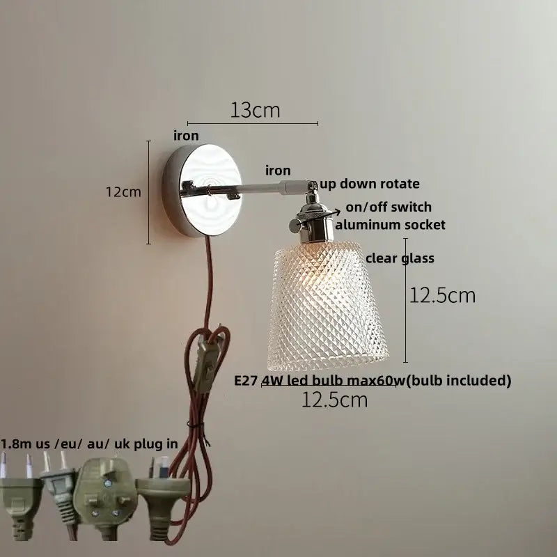Vintage brushed nickel led wall light featuring a polished iron base and diamond-cut glass shade for bedroom use