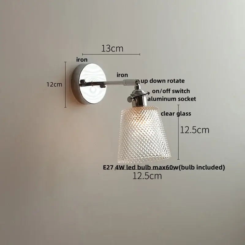 Vintage brushed nickel led wall light with polished iron base and diamond-patterned glass shade for bedroom use
