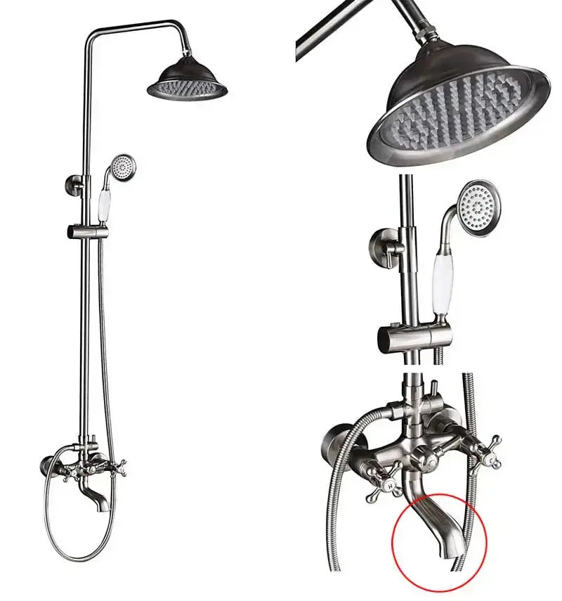 Vintage brushed nickel and white bathroom shower mixer faucet with cross-handle design and integrated hose connections