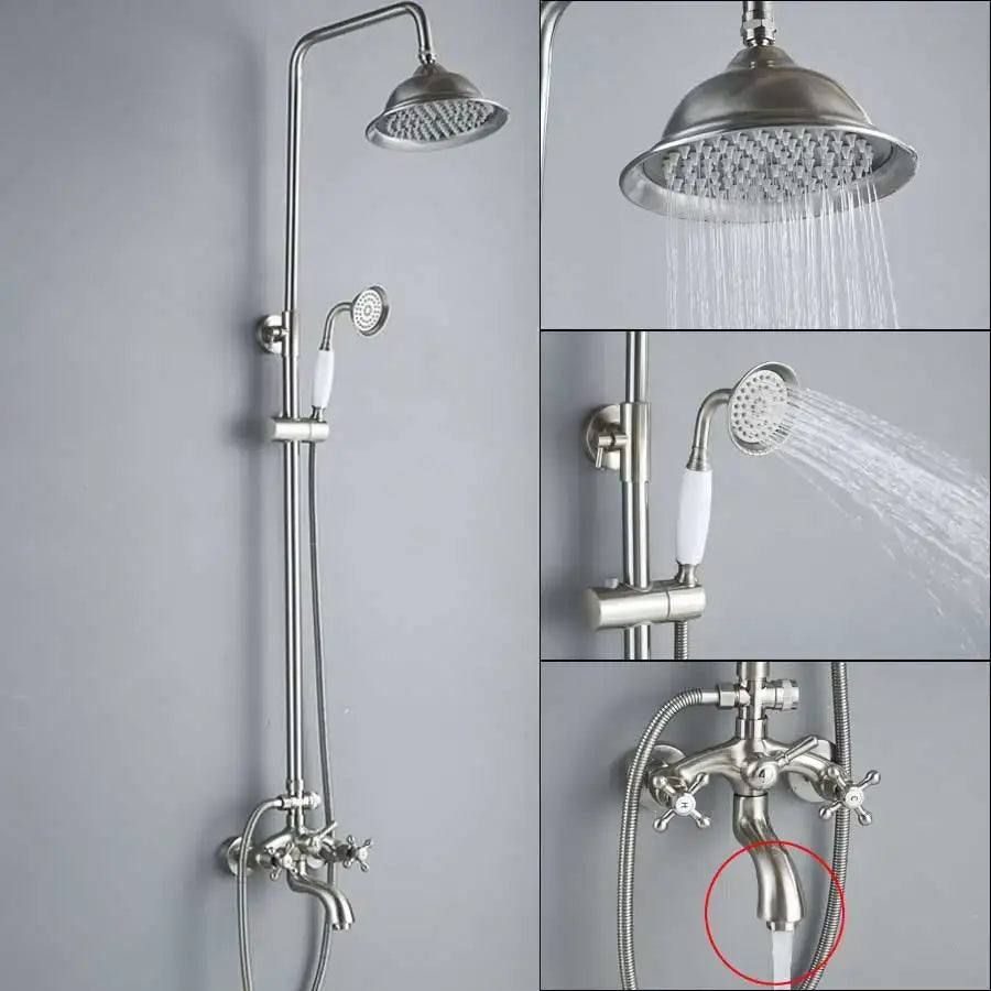 Vintage brushed nickel stainless steel shower mixer faucet with large rainhead handheld sprayer and cross-handle design