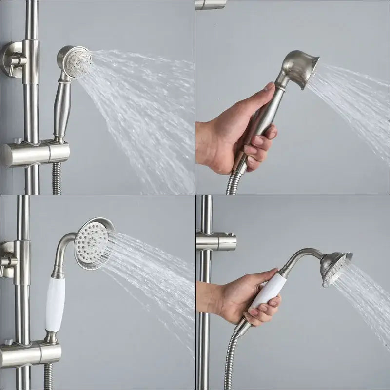 Vintage brushed nickel and white shower mixer faucet with stainless steel showerhead and adjustable spray settings