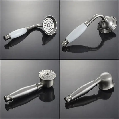 Vintage brushed nickel and white shower mixer faucet handshower with ceramic handle and multiple spray patterns