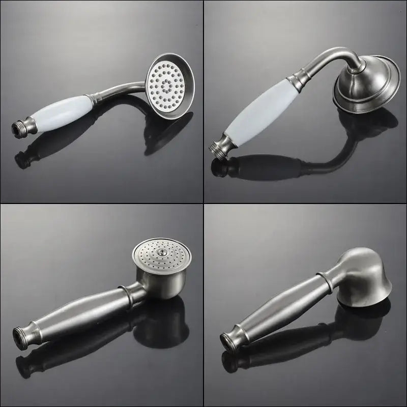 Vintage brushed nickel and white shower mixer faucet handshower with ceramic handle and multiple spray patterns