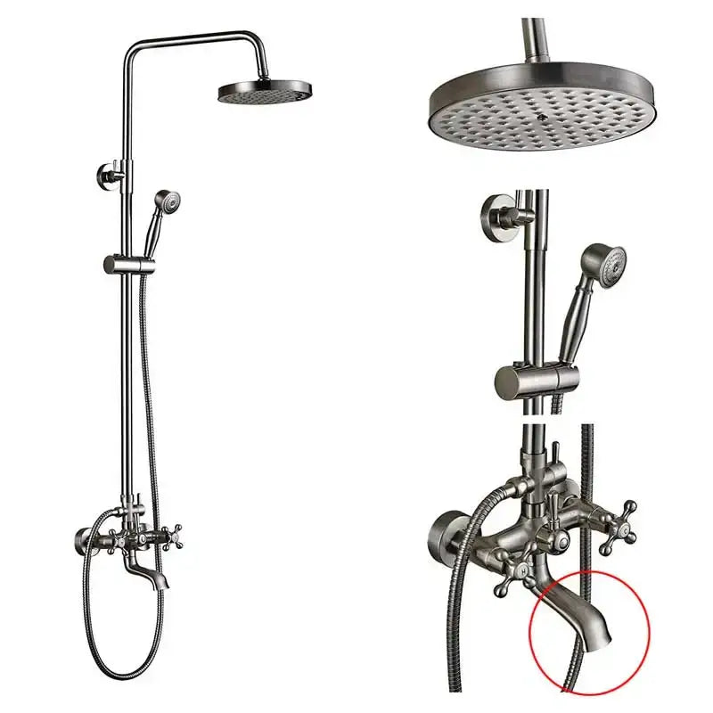 Bronze-finished vintage shower mixer faucet with cross-shaped handles and curved spout for bathroom use