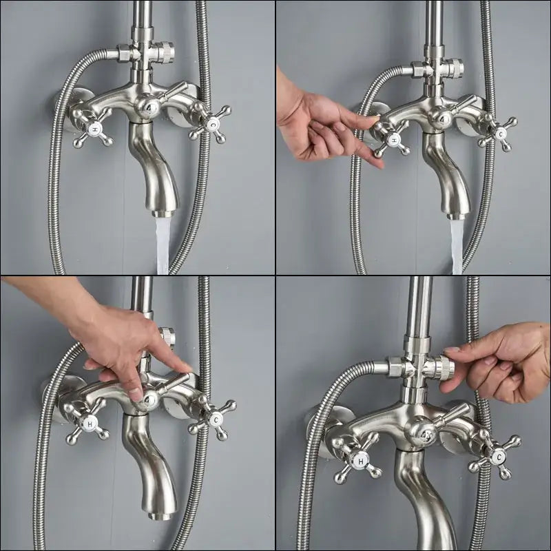 Vintage brushed nickel and white stainless steel shower mixer faucet with three cross-shaped handles and flexible hose