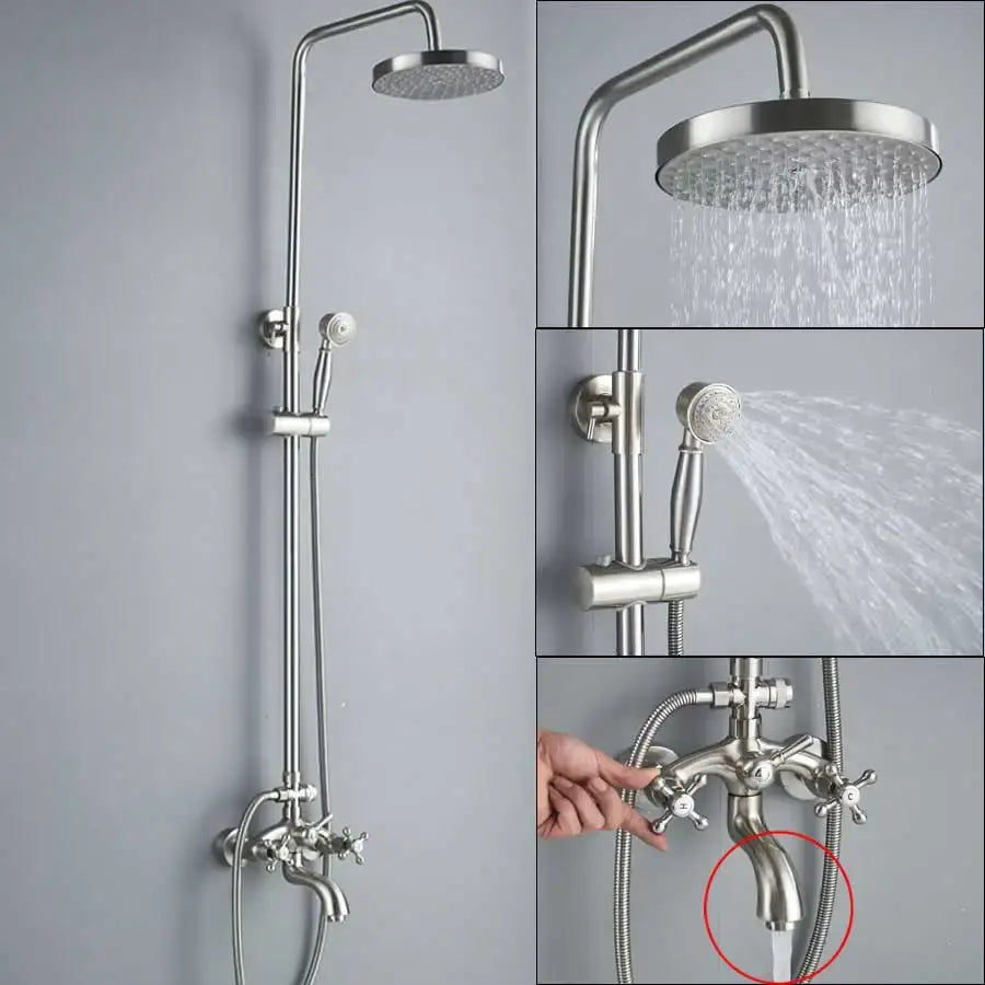 Stainless steel vintage brushed nickel and white shower mixer faucet with rainhead and handheld spray for bathrooms