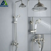 Vintage brushed nickel and white stainless steel shower mixer faucet with tall rainhead and ceramic handle handshower