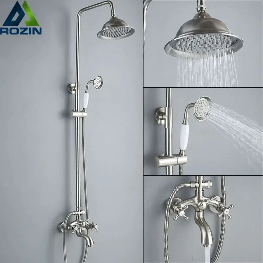 Vintage brushed nickel and white stainless steel shower mixer faucet with tall rainhead and ceramic handle handshower