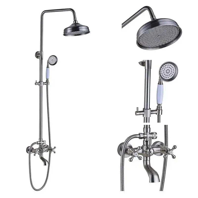 Stainless steel shower mixer faucet with matte finish, tall overhead rainhead, and handheld spray with blue ceramic handles