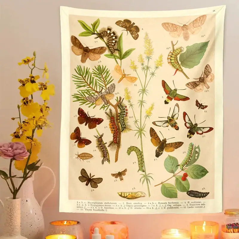 Beige butterfly botanical tapestry wall hanging with detailed moths and caterpillars for vintage bedroom decorbites decor