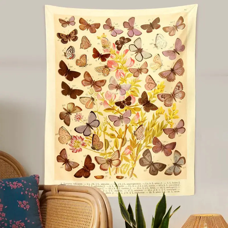 Beige vintage butterfly botanical tapestry wall hanging with brown purple pink butterflies and floral decor for bedroom decor