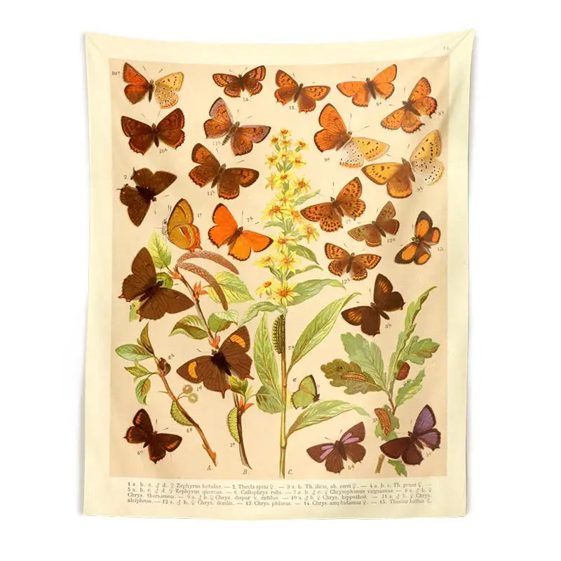 Beige butterfly botanical tapestry wall hanging featuring vintage orange brown purple butterflies and green foliage decorbites butterfly botanical