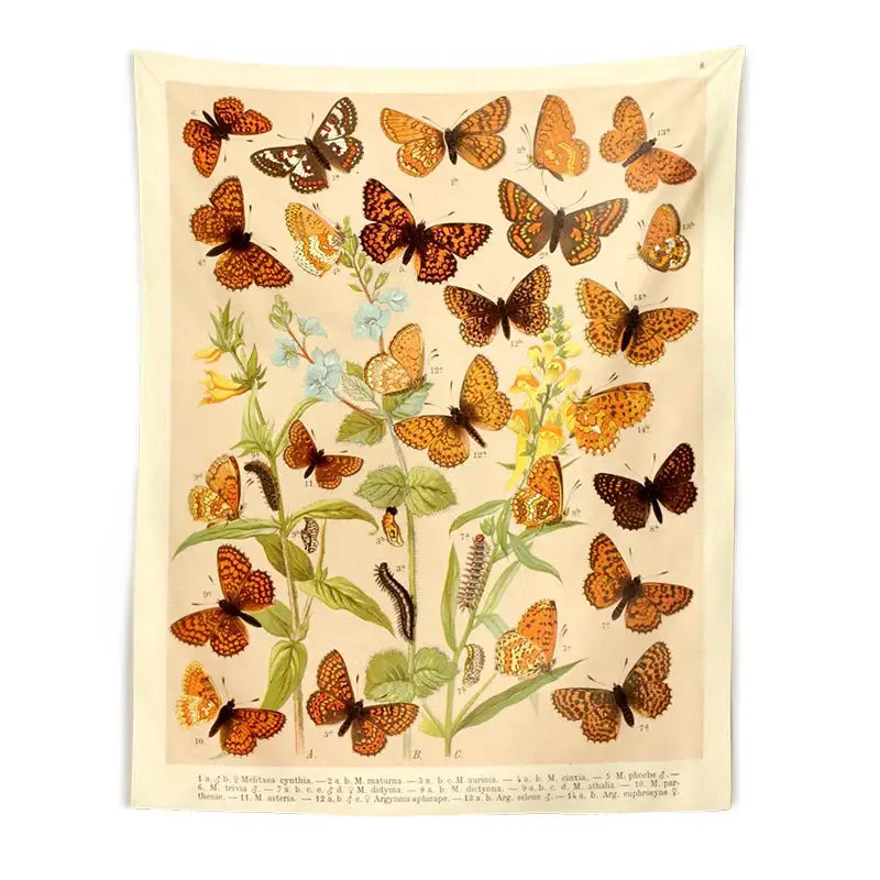 Beige butterfly botanical tapestry wall hanging featuring detailed orange brown and green insect life cycle decorbites butterfly botanical