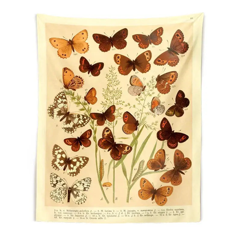 Beige butterfly botanical tapestry wall hanging featuring vintage brown orange and white butterfly decorbites butterfly botanical design