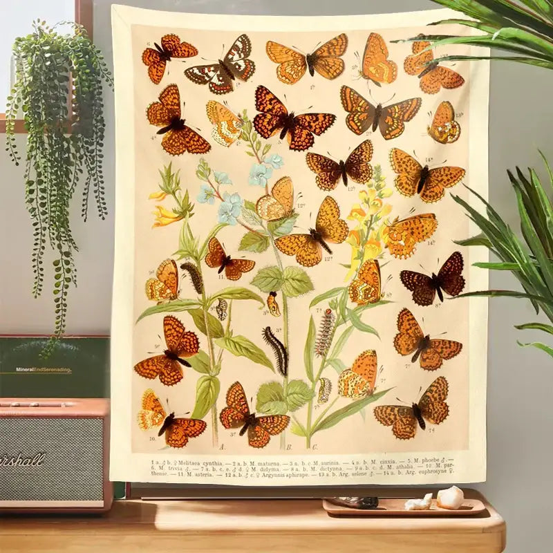 Beige vintage butterfly botanical tapestry wall hanging with detailed orange brown green and blue insect and plant designs