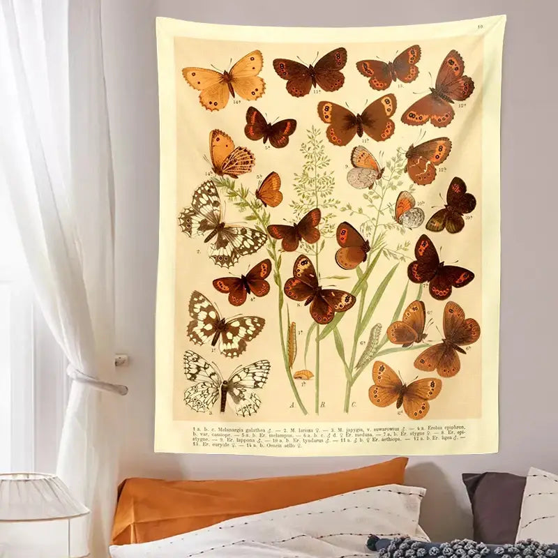 Vintage butterfly botanical tapestry wall hanging featuring detailed labeled specimens in warm earthy tones for decorbites butterfly botanical decor