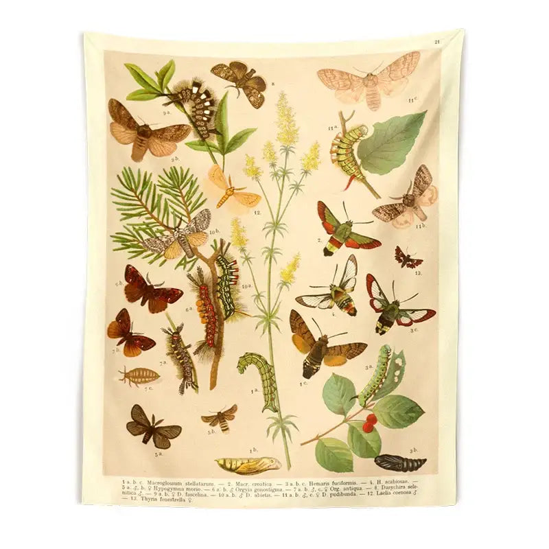 Vintage butterfly botanical tapestry wall hanging featuring detailed moth and caterpillar illustrations in muted earth tones