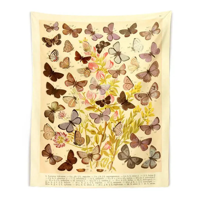 Vintage butterfly botanical tapestry wall hanging with detailed muted brown pink and green floral illustrations on cream background
