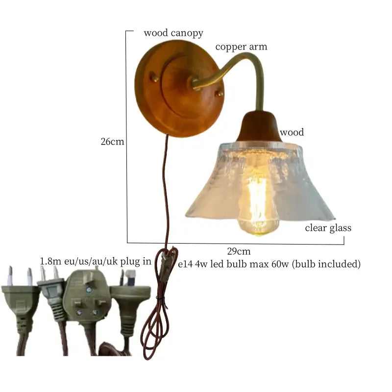 Vintage butterfly glass wall light with copper arm, warm wooden canopy, and clear shade for bedroom decorbites wall light