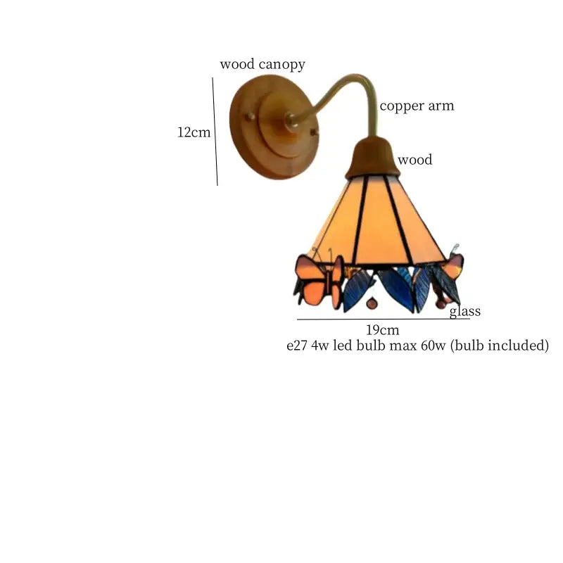 Vintage butterfly glass wall light with copper arm, wooden canopy, orange and blue stained glass for bedroom decorbites