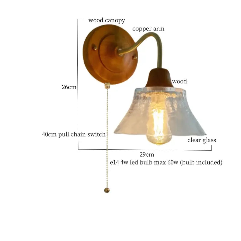 Warm-toned wooden wall light with curved copper arm and textured butterfly glass shade for bedroom decorbites butterfly glass