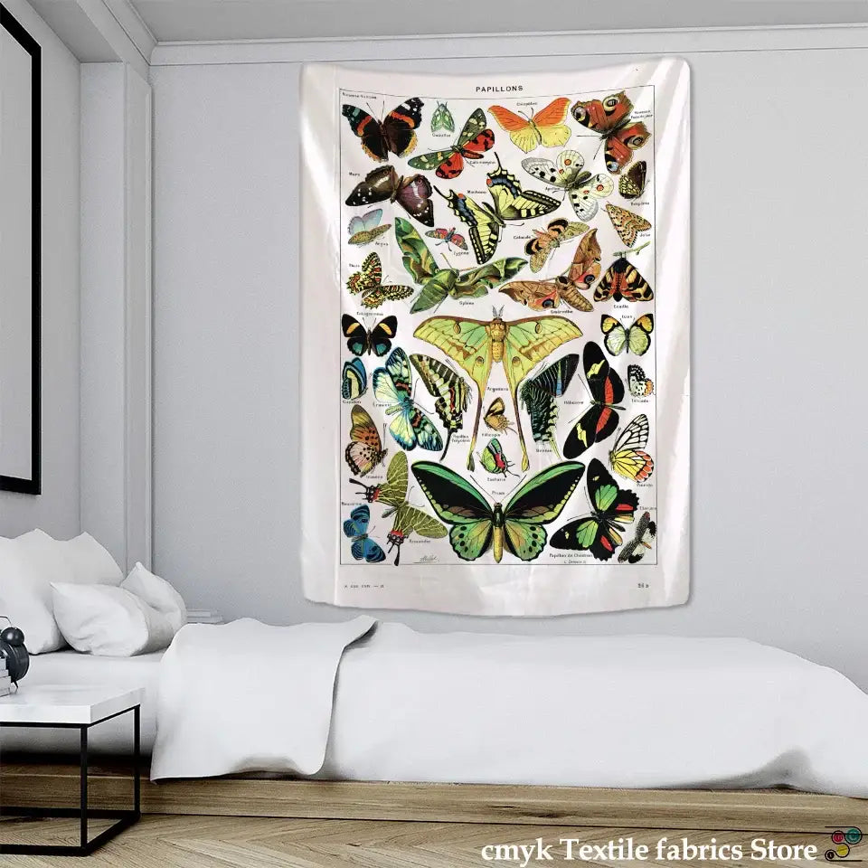 Vintage butterfly map tapestry with colorful detailed species on white background for decorbites butterfly map wall decor