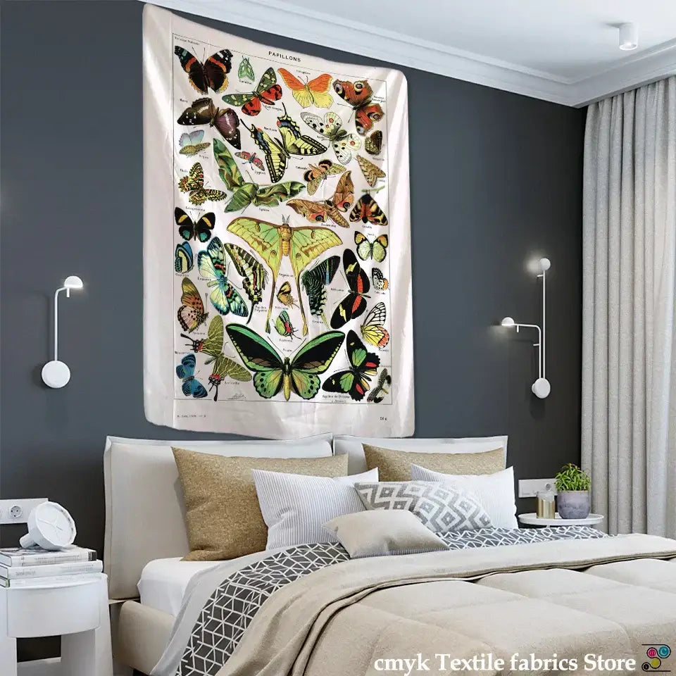 Vintage butterfly map tapestry with cream border and colorful detailed insect designs for bedroom wall decorbites butterfly map decor