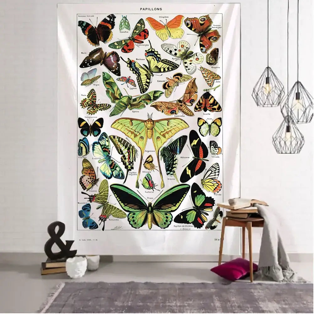 Vintage white butterfly map tapestry featuring colorful labeled species for map tapestry wall bedroom decorbites butterfly map