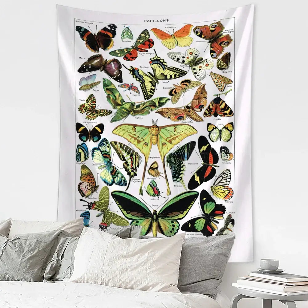 White wall tapestry featuring a colorful decorbites butterfly map with scientific names as vintage bedroom decor