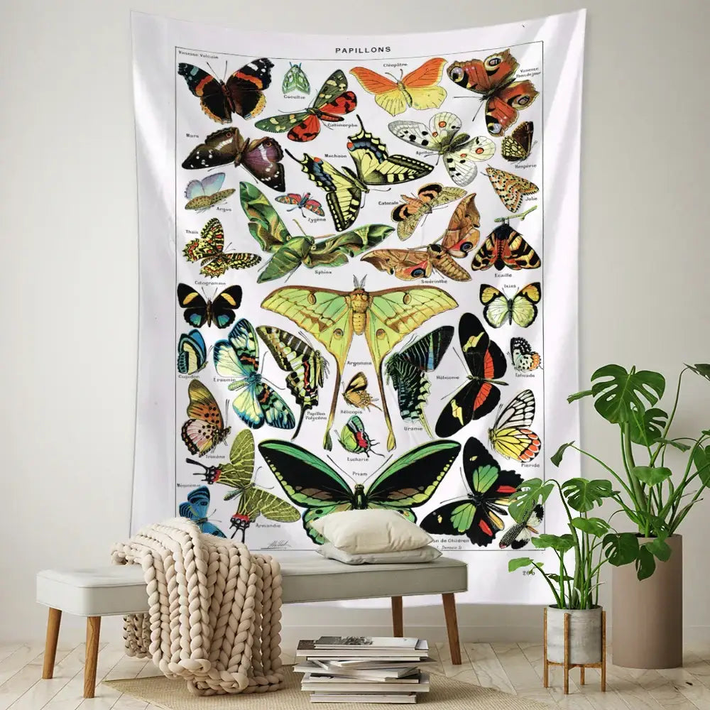 A white fabric butterfly map tapestry with colorful labeled species for vintage bedroom wall decorbites butterfly map