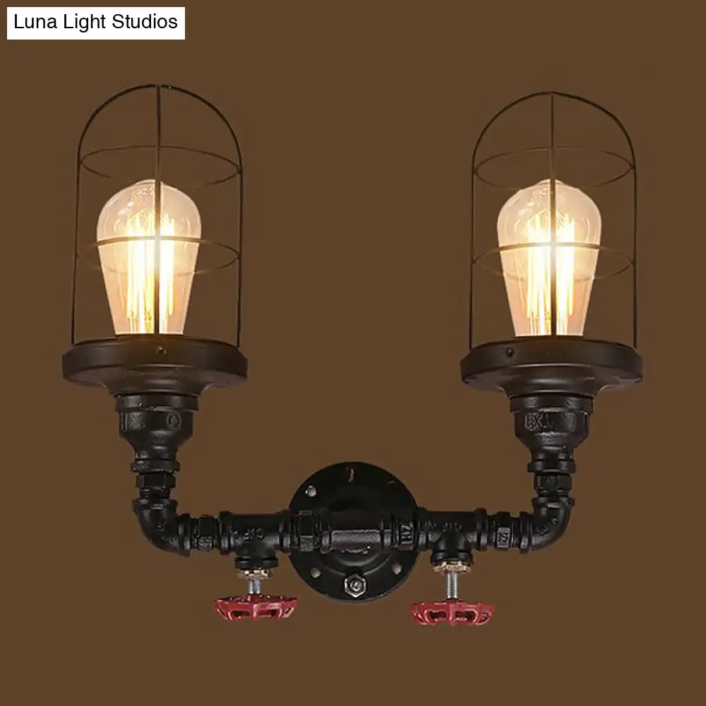 Vintage Caged Metal Shade Wall Mount Sconce with Red Valve and Pipe - Set of 2 Bulb Lights - Black Finish