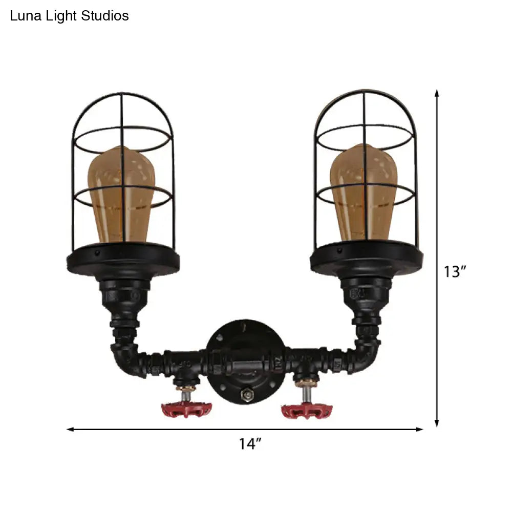 Vintage Caged Metal Shade Wall Mount Sconce with Red Valve and Pipe - Set of 2 Bulb Lights - Black Finish