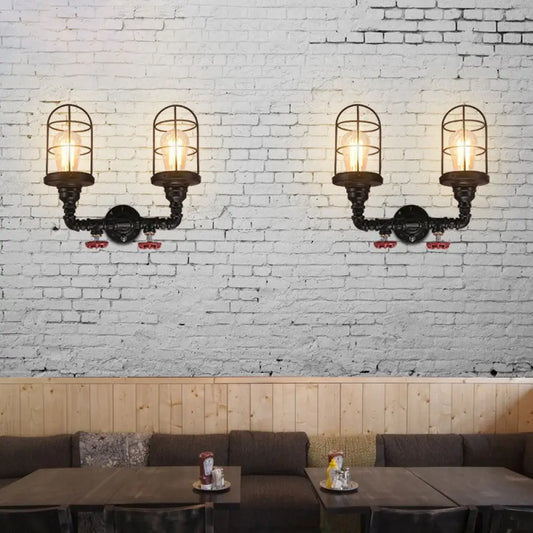 Vintage Caged Metal Shade Wall Mount Sconce with Red Valve and Pipe - Set of 2 Bulb Lights - Black Finish