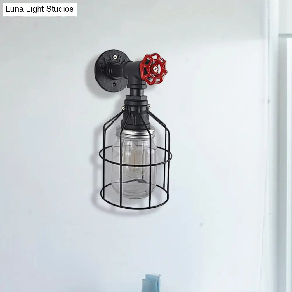 Vintage Caged Wall Light with Inner Jar Shade and Red Valve Glass Sconce Lighting in Blue/Clear