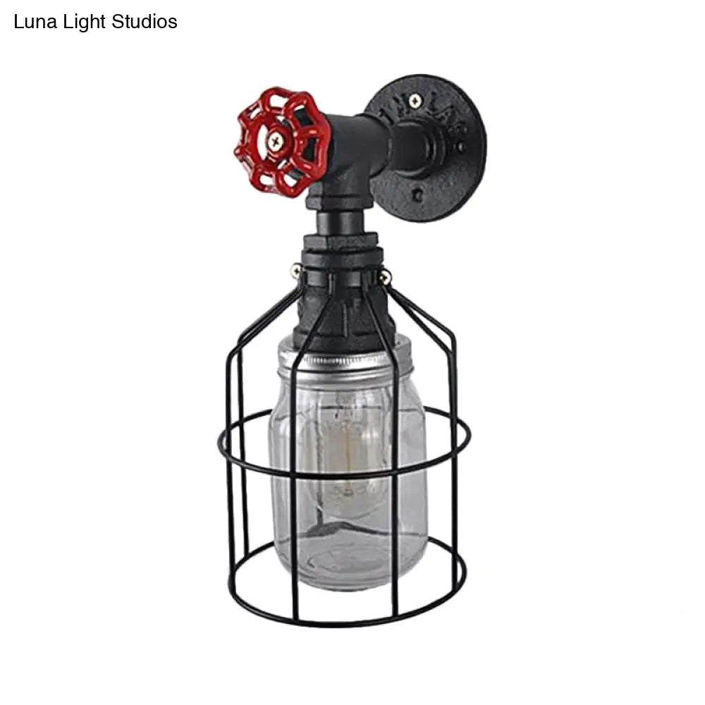Vintage Caged Wall Light with Inner Jar Shade and Red Valve Glass Sconce Lighting in Blue/Clear