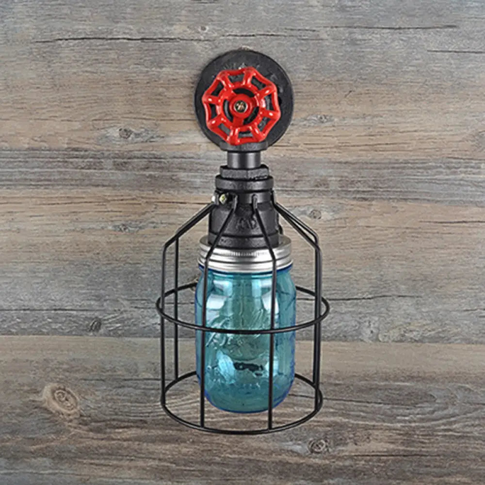 Vintage Caged Wall Light with Inner Jar Shade and Red Valve Glass Sconce Lighting in Blue/Clear