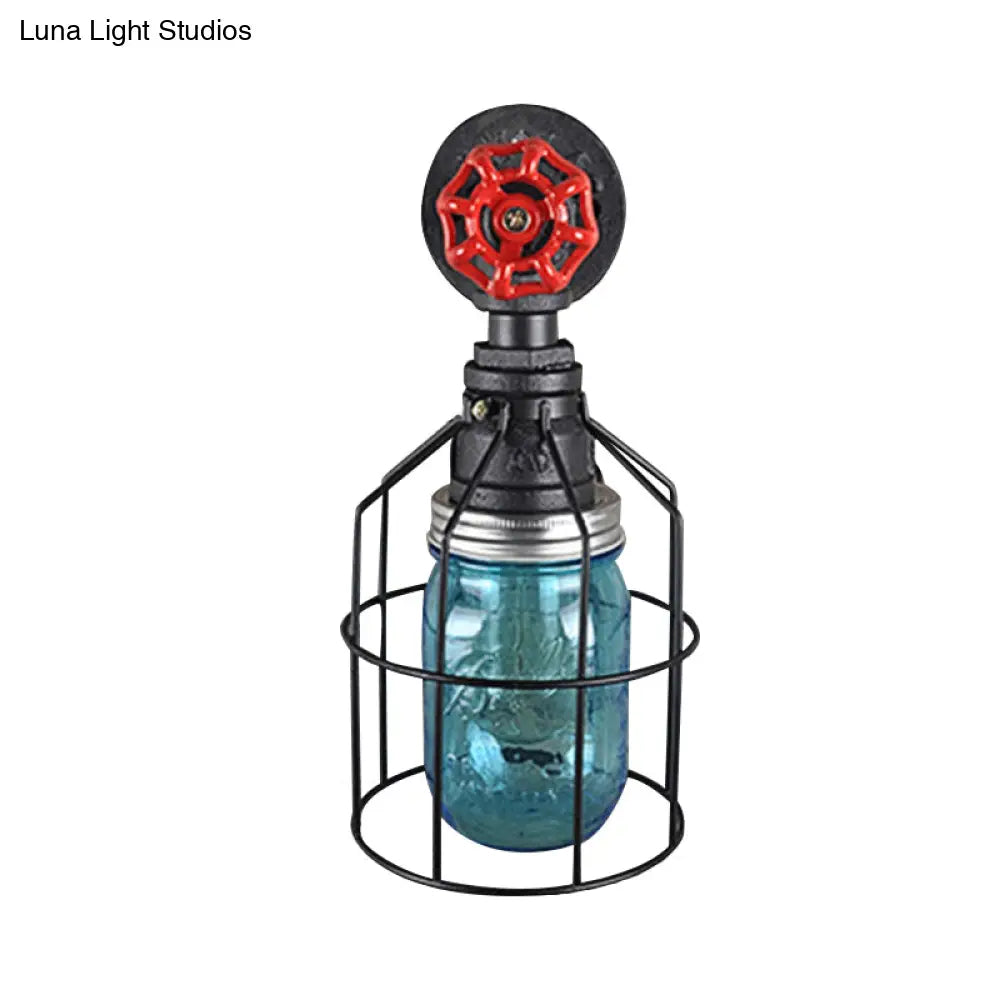 Vintage Caged Wall Light with Inner Jar Shade and Red Valve Glass Sconce Lighting in Blue/Clear