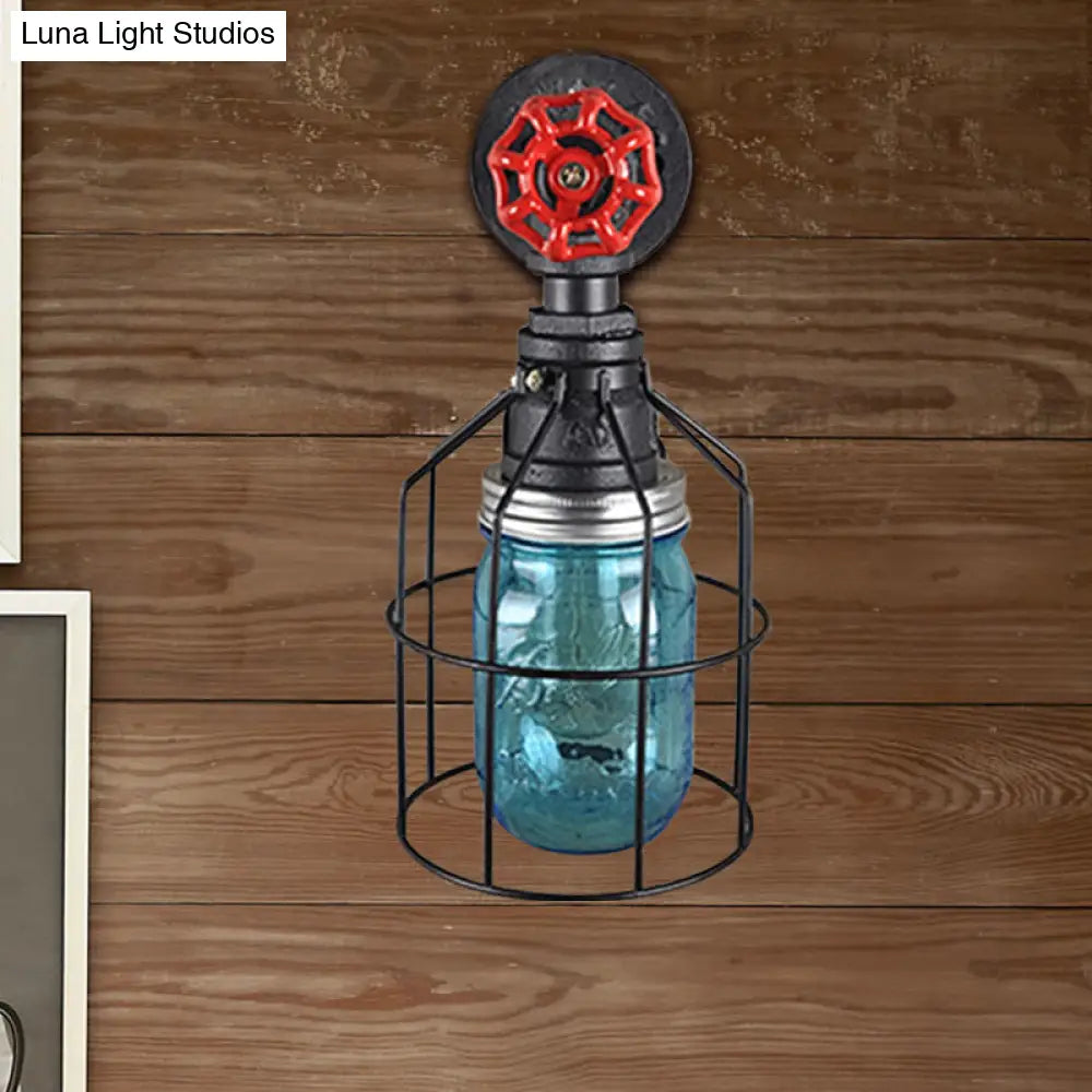 Vintage Caged Wall Light with Inner Jar Shade and Red Valve Glass Sconce Lighting in Blue/Clear