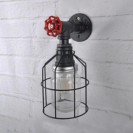 Vintage Caged Wall Light with Inner Jar Shade and Red Valve Glass Sconce Lighting in Blue/Clear