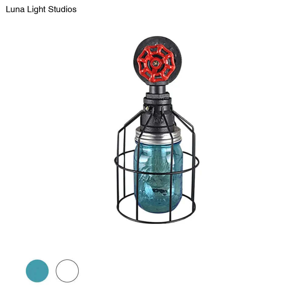 Vintage Caged Wall Light with Inner Jar Shade and Red Valve Glass Sconce Lighting in Blue/Clear