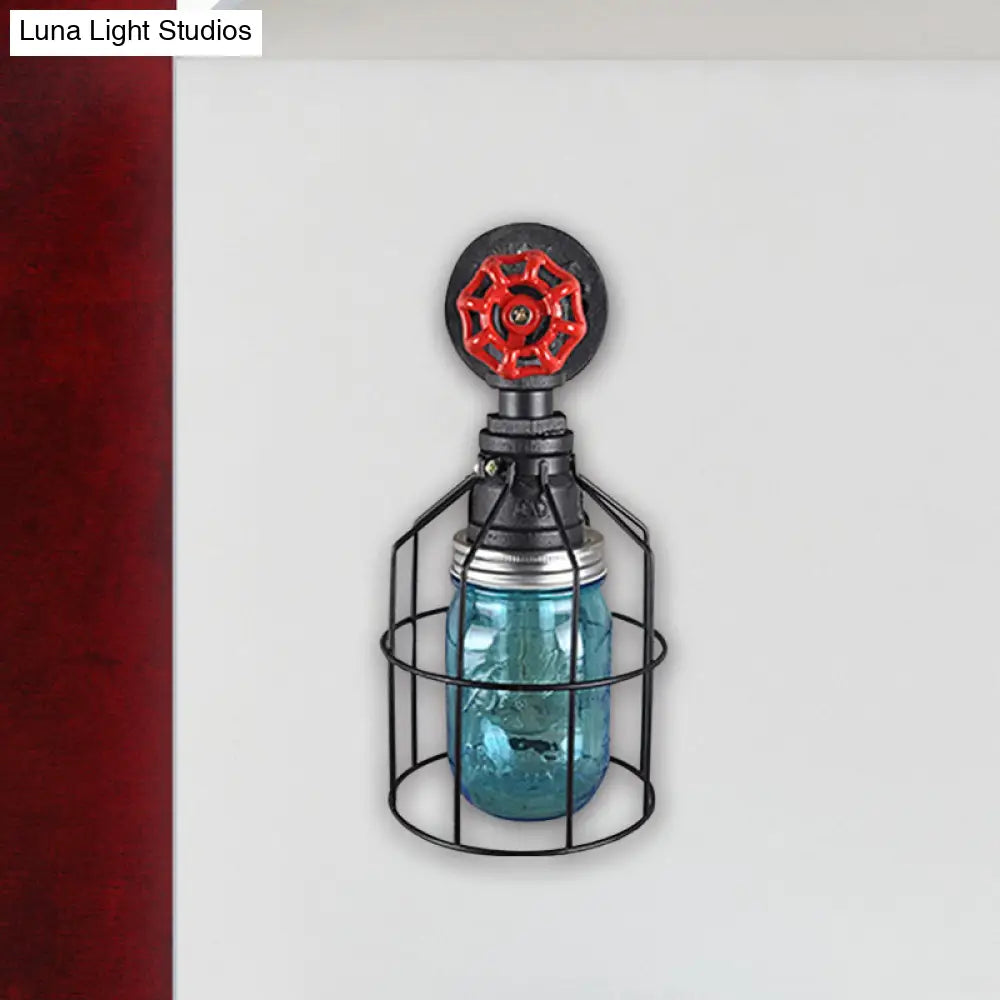 Vintage Caged Wall Light with Inner Jar Shade and Red Valve Glass Sconce Lighting in Blue/Clear