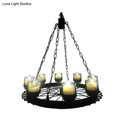 Vintage Candle Ceiling Light Fixture: Black Iron Chandelier with Cylinder Shade & Wheel Design - Ideal for Restaurant Lighting (8-Light)