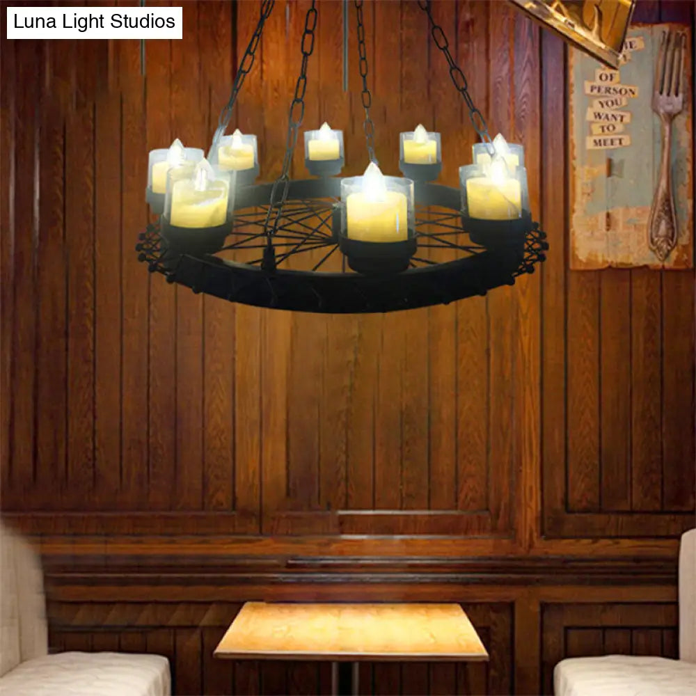 Vintage Candle Ceiling Light Fixture: Black Iron Chandelier with Cylinder Shade & Wheel Design - Ideal for Restaurant Lighting (8-Light)