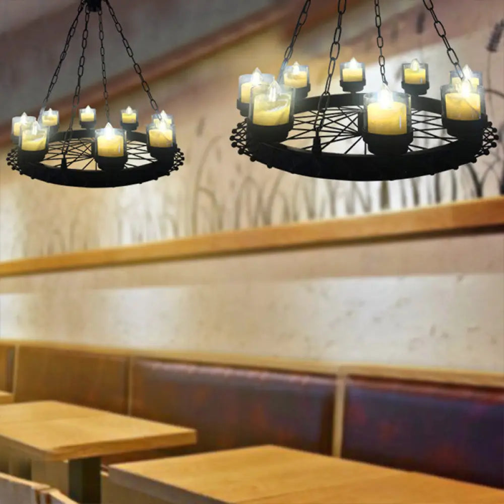 Vintage Candle Ceiling Light Fixture: Black Iron Chandelier with Cylinder Shade & Wheel Design - Ideal for Restaurant Lighting (8-Light)