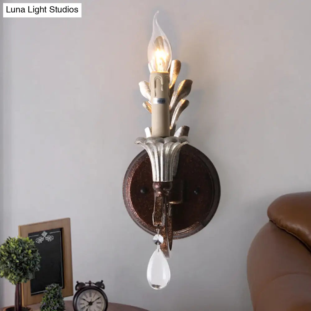 Vintage Candle Sconce with Crystal Teardrops - Rust Wall Mount Light