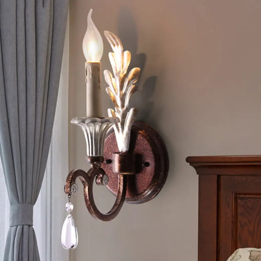 Vintage Candle Sconce with Crystal Teardrops - Rust Wall Mount Light