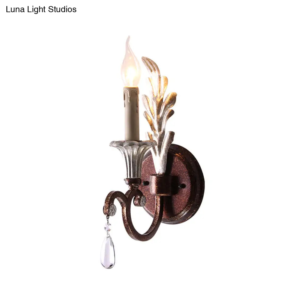 Vintage Candle Sconce with Crystal Teardrops - Rust Wall Mount Light